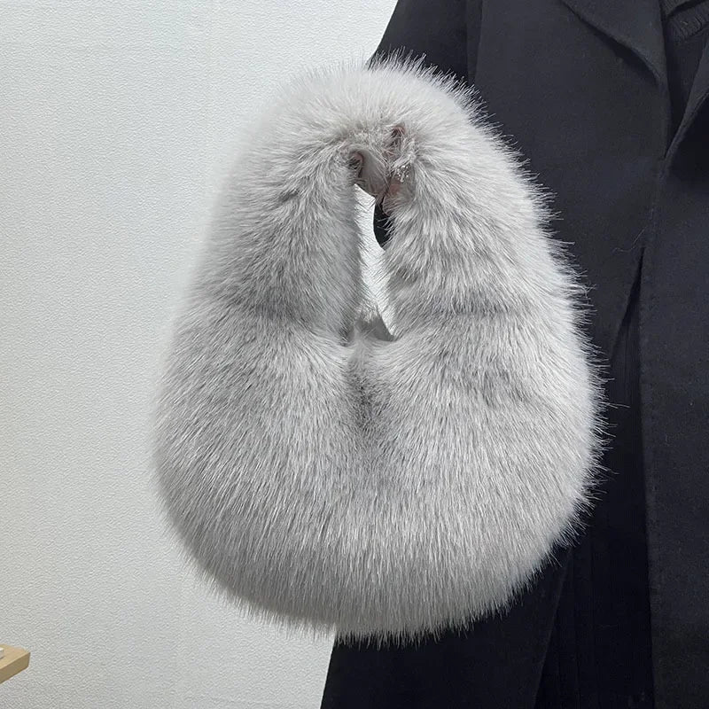 Winter Casual Furry Shoulder Bags for Women Solid Color Soft Plush Ladies Clutch Purse Handbags Lightweight Female Hobos Bag