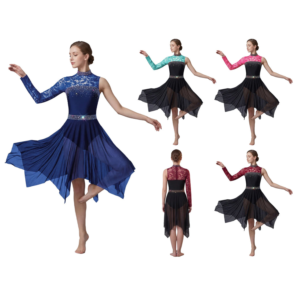 Women Lyrical Figure Skating Dance Dress Rhinestones Ballet Waltz Contemporary Dancewear Floral Lace Long Sleeve Mesh Leotard