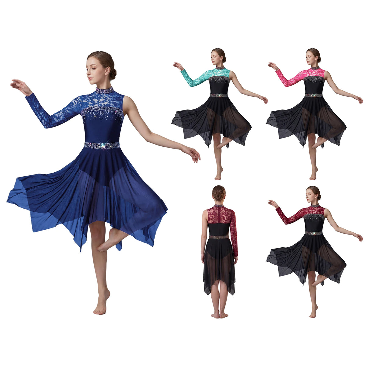 Women Lyrical Figure Skating Dance Dress Rhinestones Ballet Waltz Contemporary Dancewear Floral Lace Long Sleeve Mesh Leotard