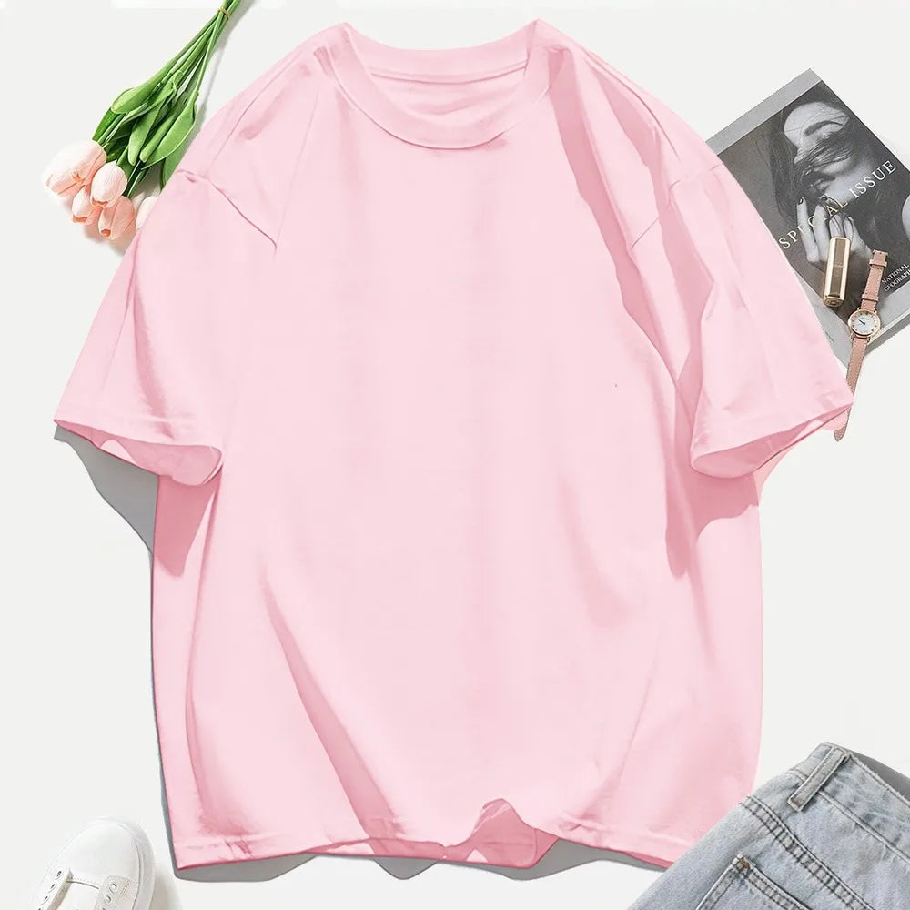 Y2K Woman 100% Cotton T Shirts Solid Color Casual T-Shirt O-Neck Summer Tops For Women Fashion Oversized Female Sportswear