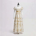 European Vintage Regency Tea Dress Square Neck Puff Short Sleeve Floral Embossed Long Imperial Cosplay Gown With  Waist Belt