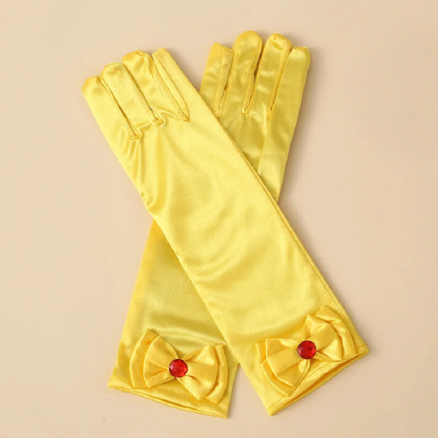 Children's satin princess gloves, girl's butterfly shiny face knot dance performance stage gloves, crystal all finger gloves