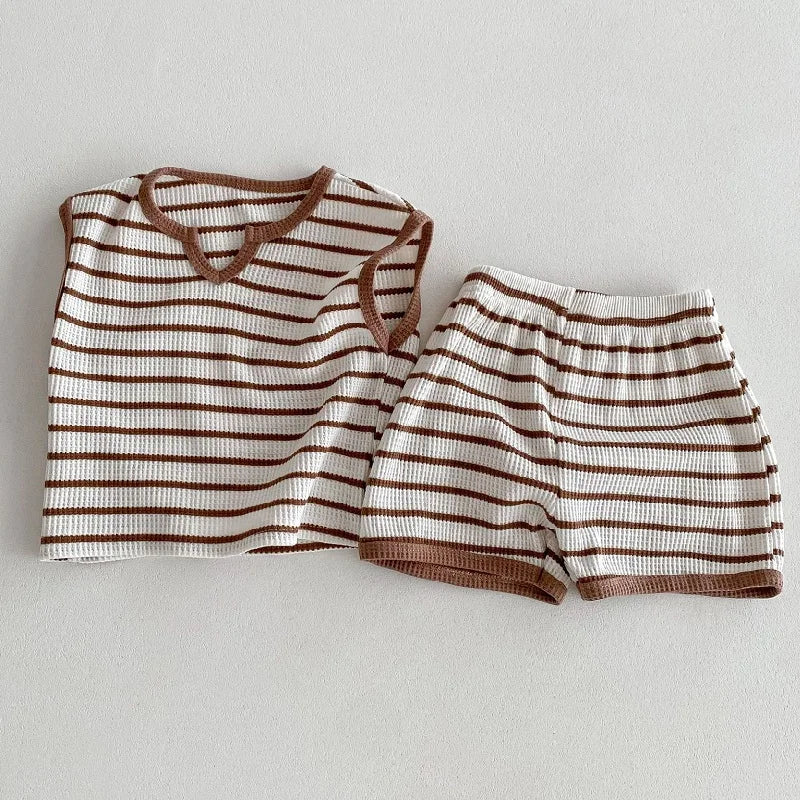 Children's Clothing 0-3 Year Old Summer New Striped Pure Cotton Boy T-Shirt Shorts Set Beach Vacation Girl Short Sleeved Set