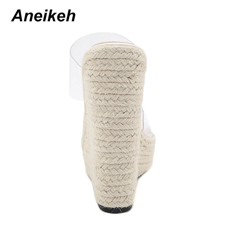 Aneikeh 2025 Summer Women Shoes Slippers Slides PVC Concise Platform Wedges Slip-On Party Round Toe Size 35-42 White