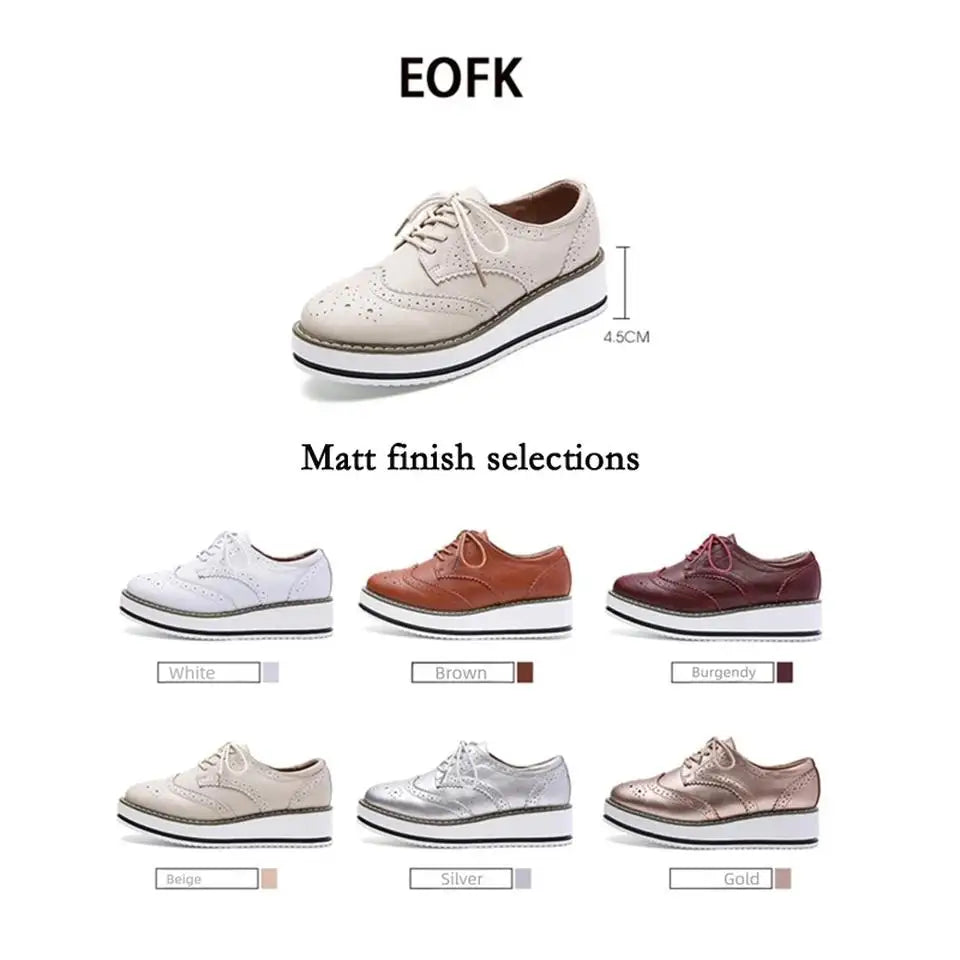 EOFK Spring Autumn Women Derby Platform Flats Brogue Leather Lace up Classic Bullock Footwear Gold Female Oxford Shoes Lady