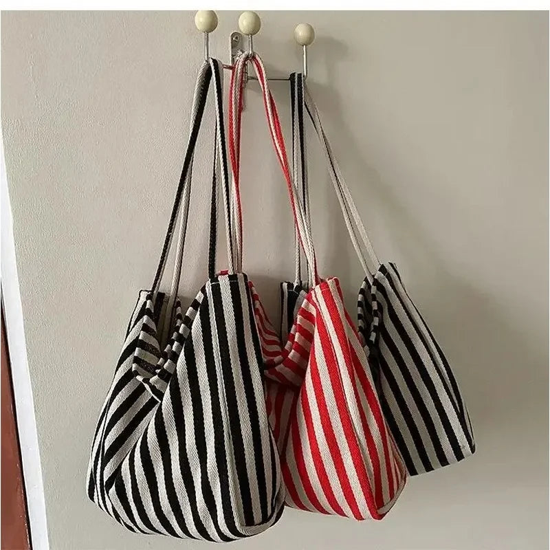 Female Casual Multifunctional Travel Top-handle Handbag Large Capacity Canvas Women Shopper Tote Simple Striped Shoulder Bag2025
