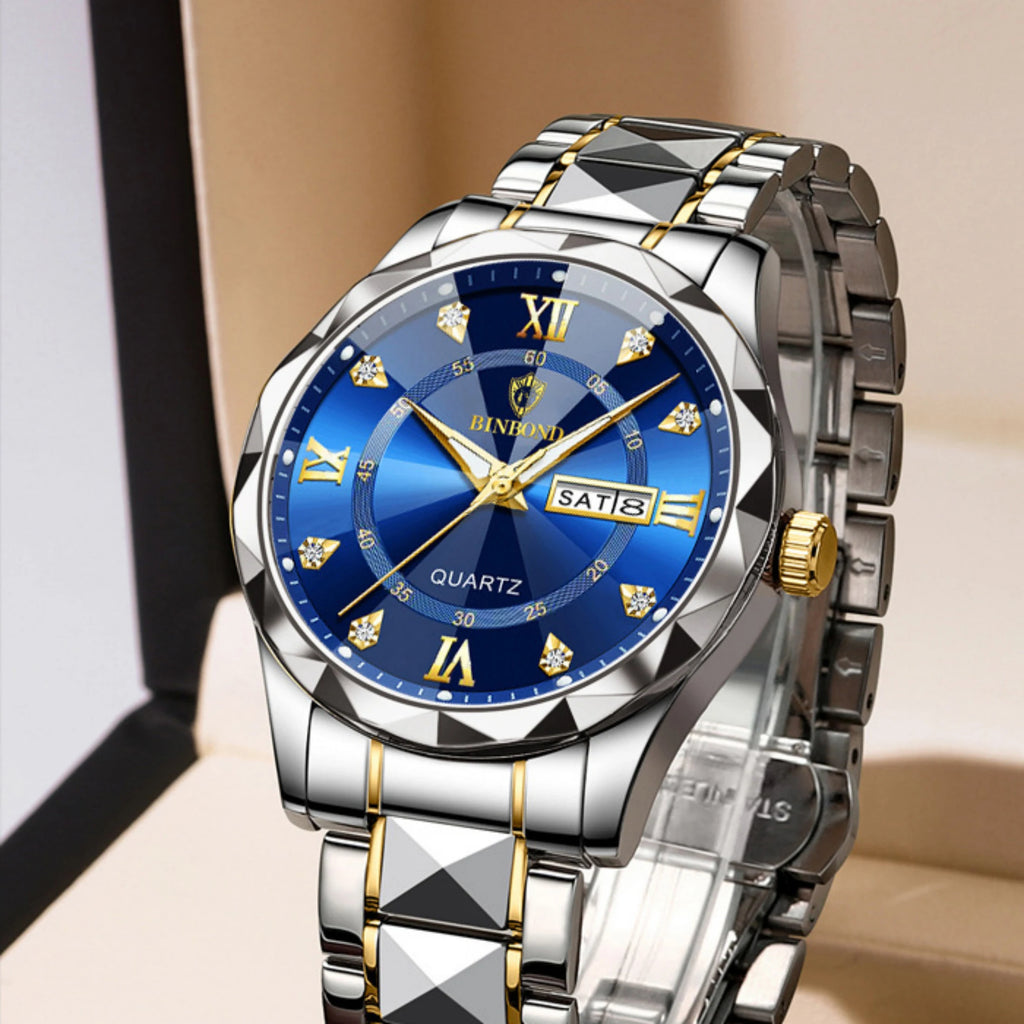 Business Watch Fashion Men's Watch 30M Waterproof Calendar Date Function Rhinestone Blue Dial Stainless Steel Strap Quartz Watch