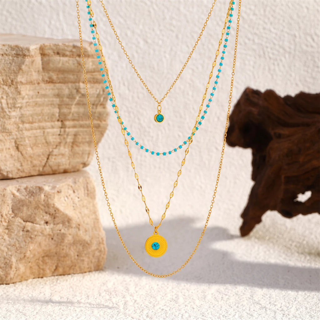 4 PCS Stainless Steel Turquoise Layered Necklace for Women Boho Gold Plated Sun Pendant Party Jewelry Gift for Her Waterproof