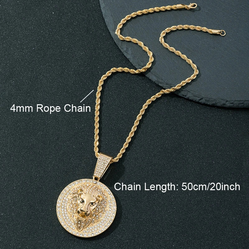 Hip Hop Big Lion Head Pendant Necklace Cuban Chain Necklace For Women Men Iced Out Full Rhinestone Necklace Jewelry Gifts