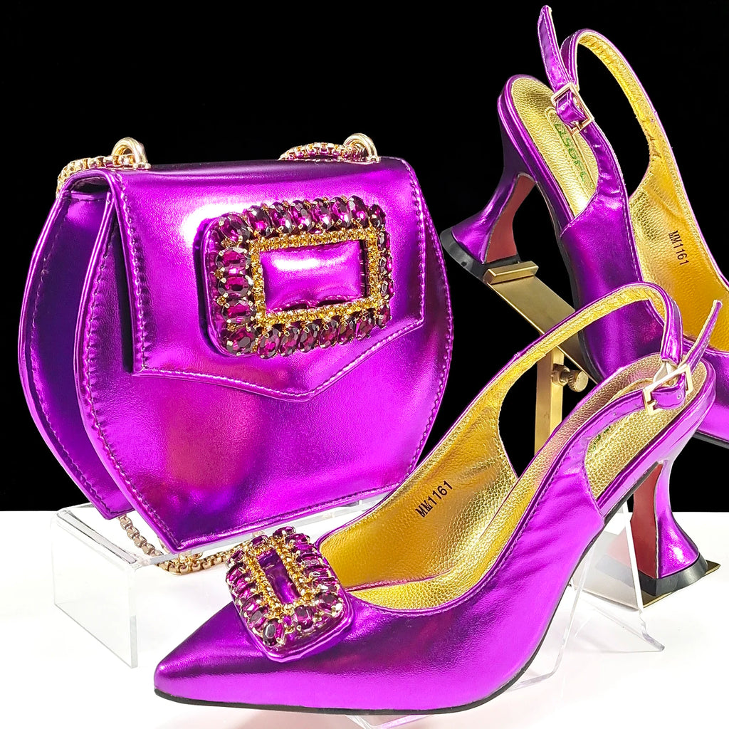 QSGFC Italian Design Rhinestone-encrusted Ladies Party Shoes And Special Bag Women High Heels Wedding Dual Purpose Bag