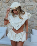 Woman Vintage Embroidery Tassel Shawl Summer Stand Neck Sleeveless Lace Up Irregular Top Female New Bikini Vacation Clothes 2026