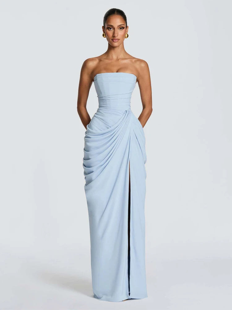 Elegant Solid Strapless Pleated Dress Women Chic Sleeveless Waist Cinching Split Maxi Vestidos 2026 Lady Evening Party Dresses