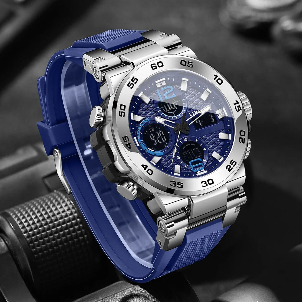 Luxury Large Dial Men Sports Watches Blue Silicone Strap Calendar Display Quartz Wristwatches Relogio Masculino（Without Box）