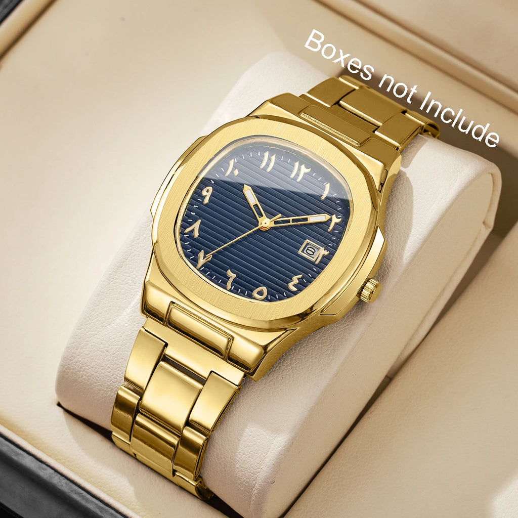 Luxury Men Business Watches Fashion Square Dial Stainless Steel Strap Quartz Watch with Calendar For Mens Clock（Without Box）
