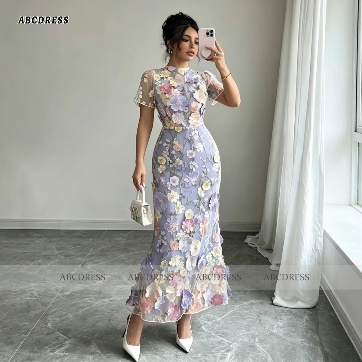 ABC Customized Floral High Neck Fitted Evening Dress Short Sleeve Elegant Robes De Soirée Midi Formal Evening Gown Front Slit