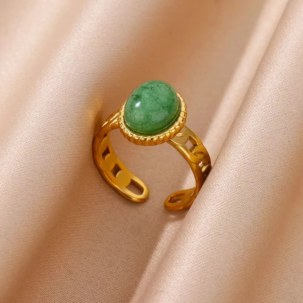 Luxury Stainless Steel Green Zircon Flower Rings For Women Snake Finger Ring Gold Plated Wedding Party Exquisite Jewelry New