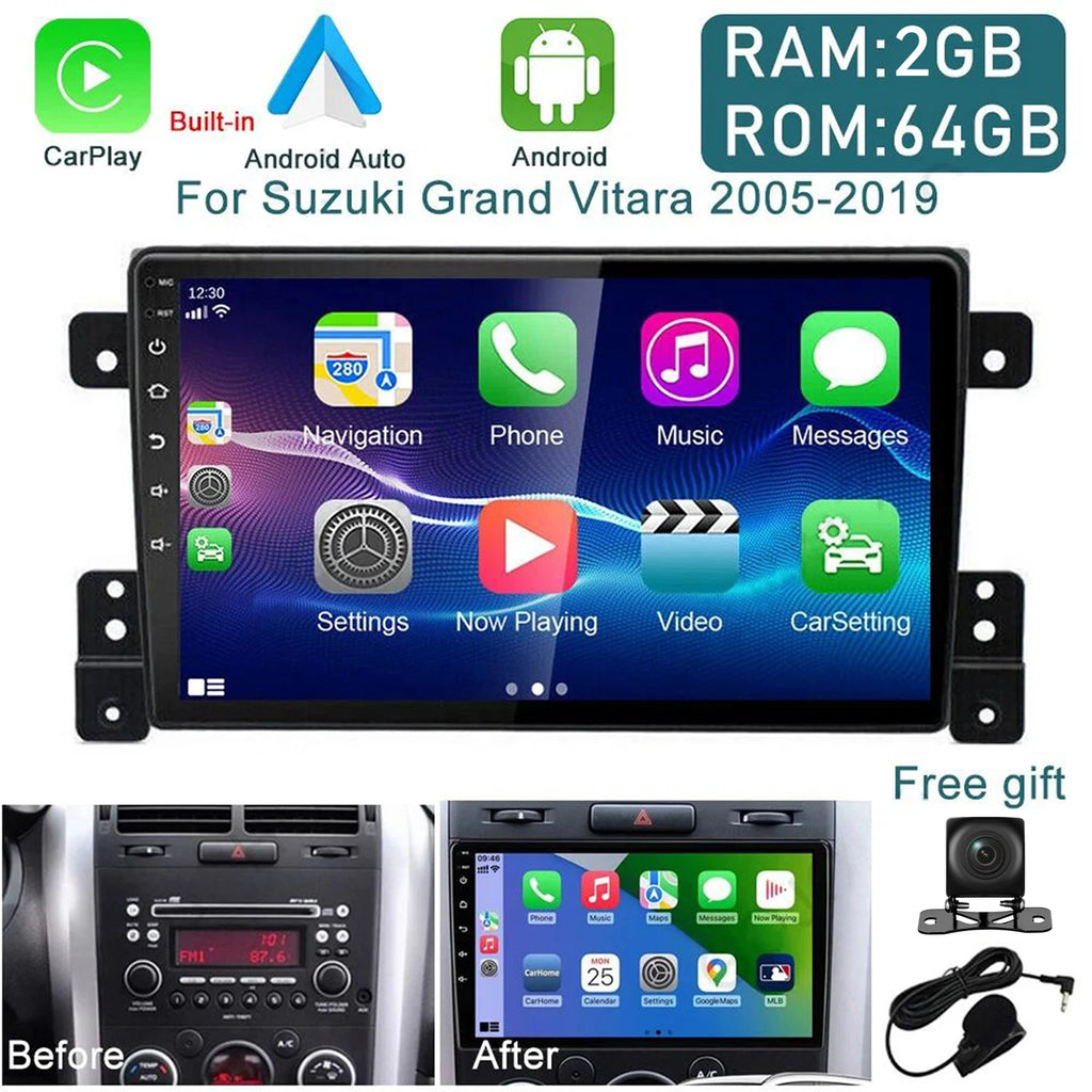 Car Radio for Suzuki Grand Vitara 2005-2015 with Wireless Carplay & Android Auto, 9 Inch IPS Touch Screen for Grand Vitara Car Stereo BT FM in Dash GPS WiFi Backup Camera SWC-2+64G