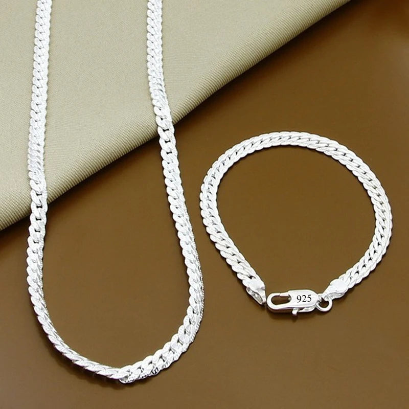 Fine Brands 5MM Flat Chain 925 Sterling Silver Bracelets Necklaces Jewelry Sets for Men Women Fashion Wedding Gifts