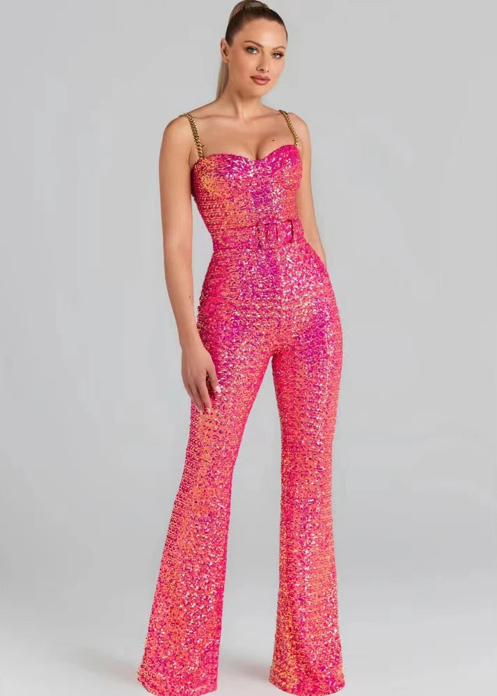 VC Women's Jumpsuits Luxury Gold Sequins Design Birthday Party Clubwear Sleeveless Spaghetti Strap Jumpsuits With Belt
