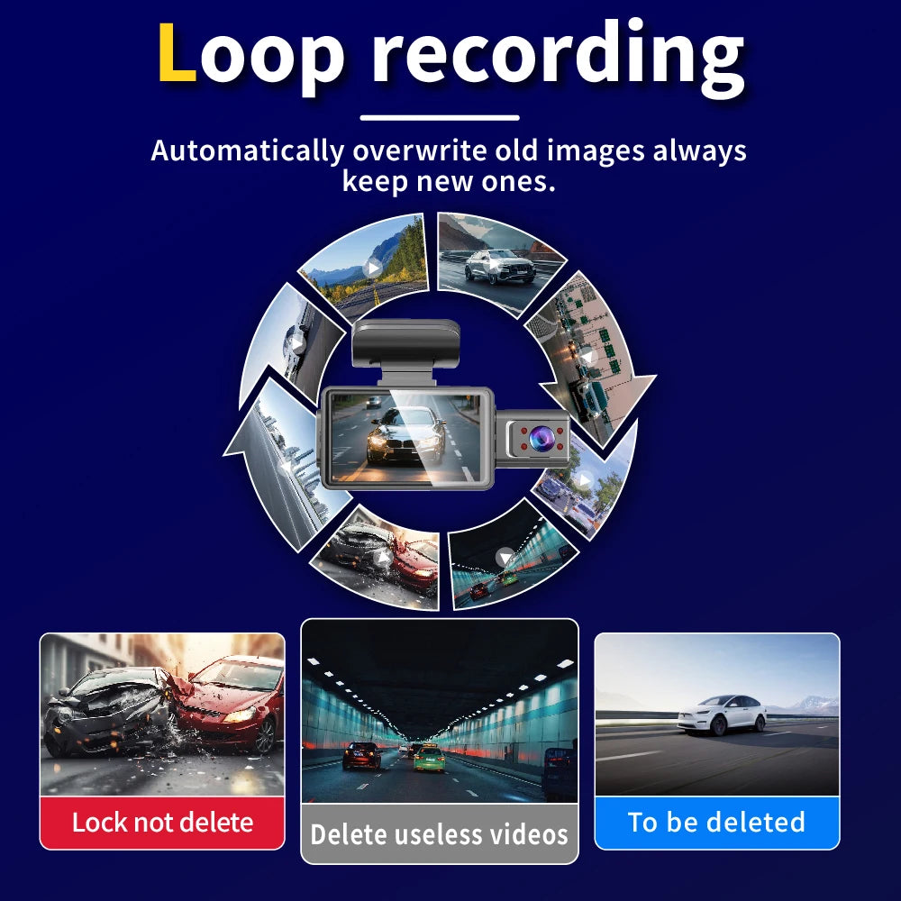HD 1080P Car DVR Dash Cam with 3 Lens Wide Angle Night Vision G-Sensor Loop Recording for Front Inside and Rear Vehicle Camera