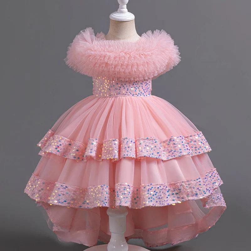 A127 Baby Girls Trailing Dress Princess Party Dress Flower Elegant Wedding Gown Big Bow Birthday Kids Dresses For Girls Children