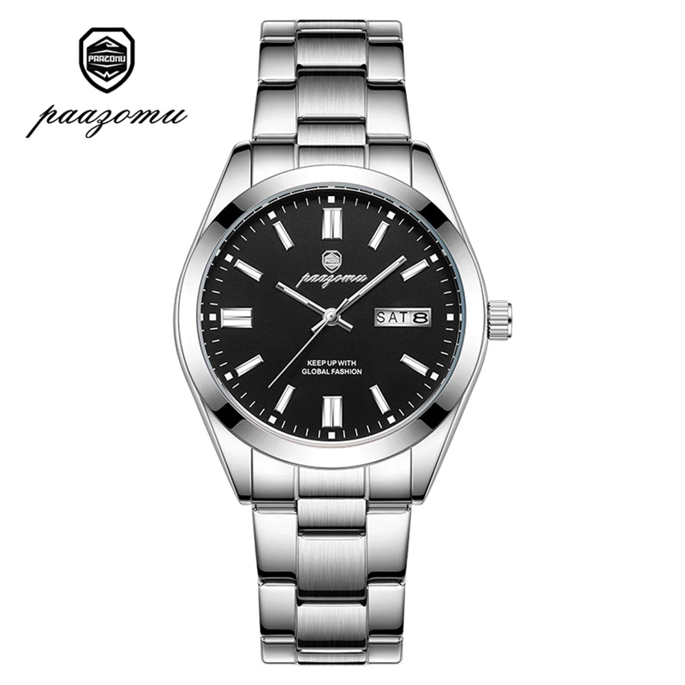 PAAZOMU Men's Analog Quartz Watch with Day Date Stainless Steel Band Waterproof Fashion Wristwatch for Men