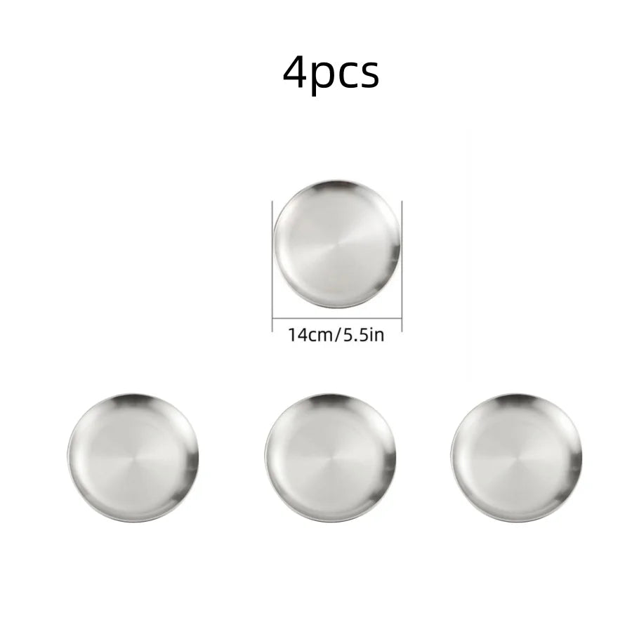 4pcs Stainless Steel Silver Plates, Korean Style Grilled Meat Plates, Household Circular Trays, Bone Plates, Cake Plates