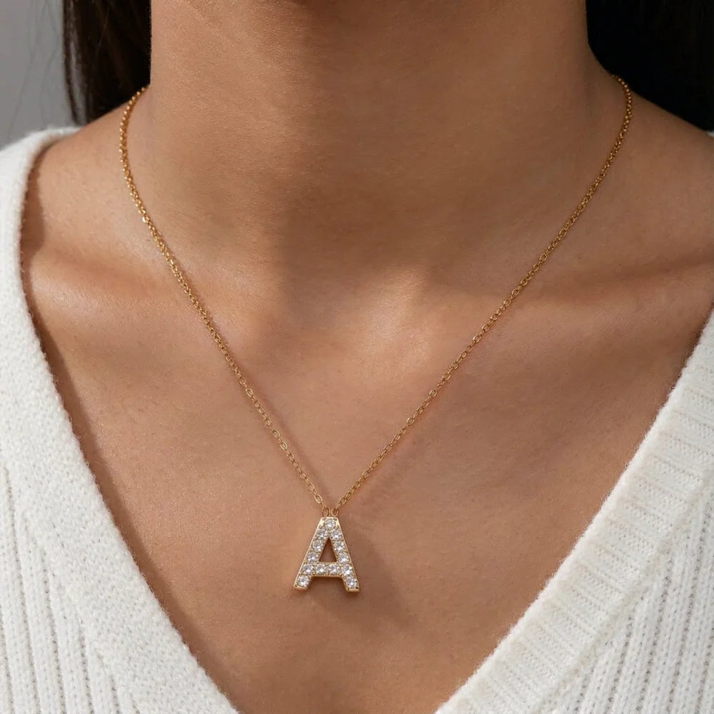 A-Z Initial Letter Necklace for Women Stainless Steel Gold Color Cubic Zirconia Alphabet Pendant Clavicle Chain Jewelry Gift