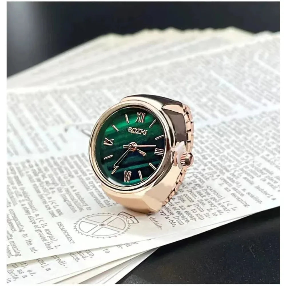 New Hot Selling Creative Alloy Shell Finger Round Green Dial Couple Men's And Women's Ring Watch