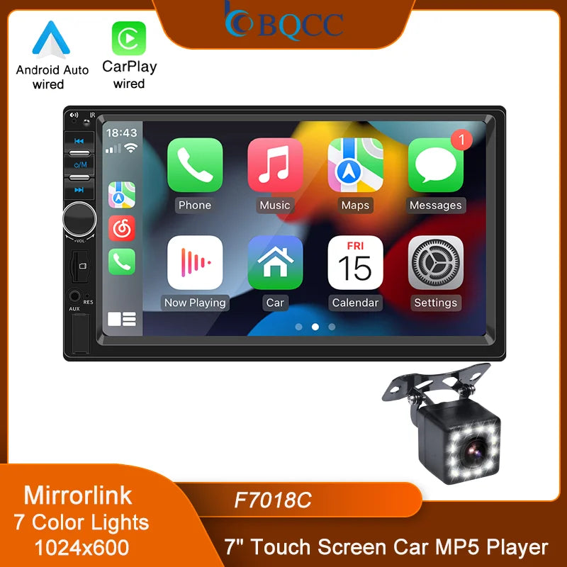 BQCC 7" 2Din/1 Din MP5 Car Player Mirrorlink wired Android AUTO/CarPlay BT AUX  Colorful lights FM Car Radio F7018C