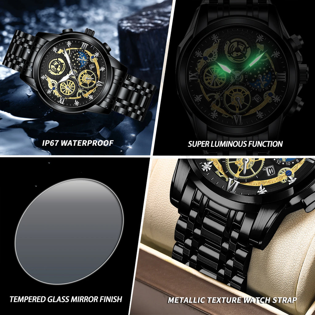 BINBOND Vintage Quartz Watches for Men Luxury Luminous Sturdy Stainless Steel Reloj Waterproof Auto Date Accurate Men's Watch