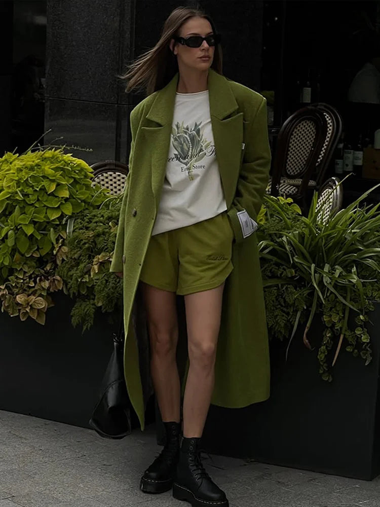  Chic Ladies Woolen Long Overcoat Solid Double-Breasted Lapel Padded Shoulder Loose Coat Women Autumn Winter Street Outerwear