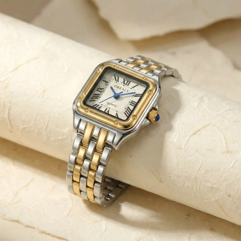 New Fashion Quartz Women Watch Simple Elegant Square Dial Gold Stainless Steel Strap Waterproof Leisure Business Watches Hot