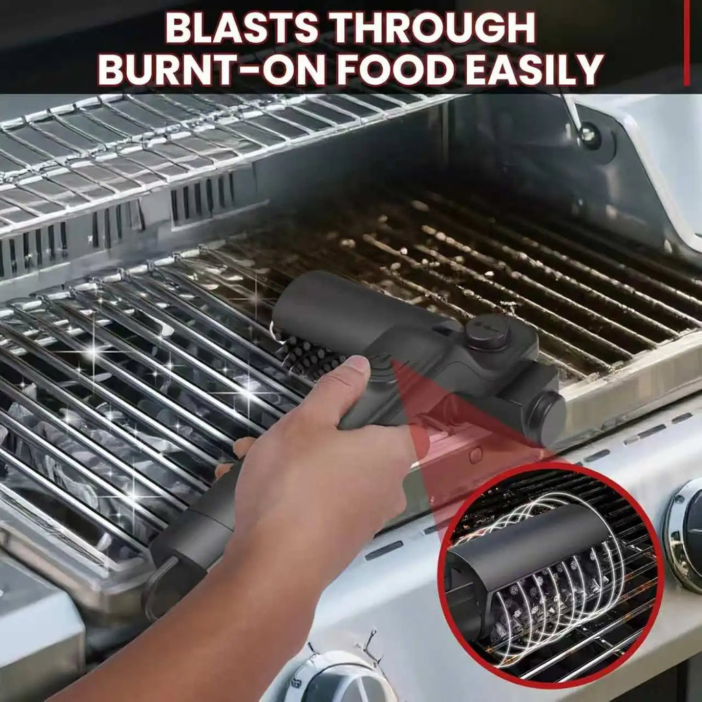 Built-in 4000mAh rechargeable battery with 3 adjustable speed modes. The rotating cleaning head delivers powerful scrubbing force to remove burnt grease, charred residue and food debris on grills without strenuous manual brus