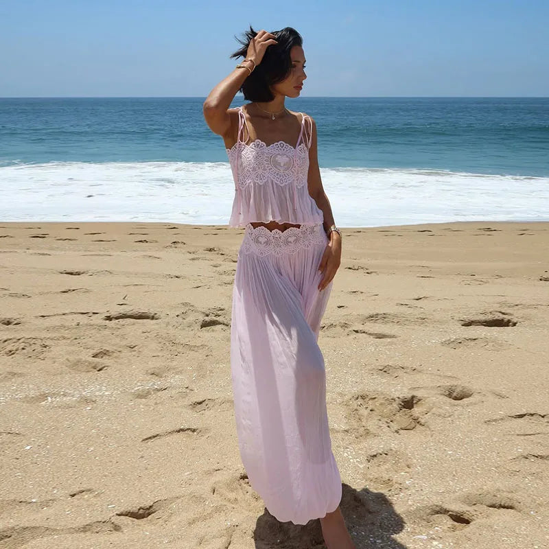 Beach Lace Hollow Out Women's Summer Pants Sets Lace Up Backless Spaghetti Strap Crop Top Loose Pleated Lantern Pant 2026 Suit