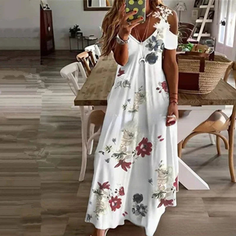 Women's Printed White Lace Sleeveless Suspender Dress Summer Fashion Casual Long Dress