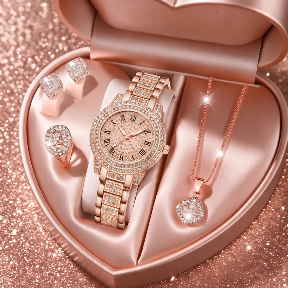 5Pcs/Set Unisex Jewelry Watches Women's Wristwatch Accessories Rose Gold Fashion Business Elegant Classic Exquisite Vintage Light Luxury Rhinestone Luxury Bracelet Watch Set Y2K Suitable for Travel, Vacation, Parties, Daily O