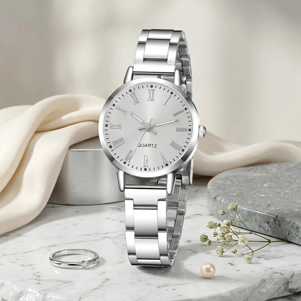 5Pcs/Set Unisex Jewelry Watches Women's Wristwatch Accessories Silver Fashion Business Elegant Trendy Classic Exquisite Retro Light Luxury Rhinestone Luxury Bracelet Watch Set Y2K Suitable for Travel, Vacation, Parties, Daily