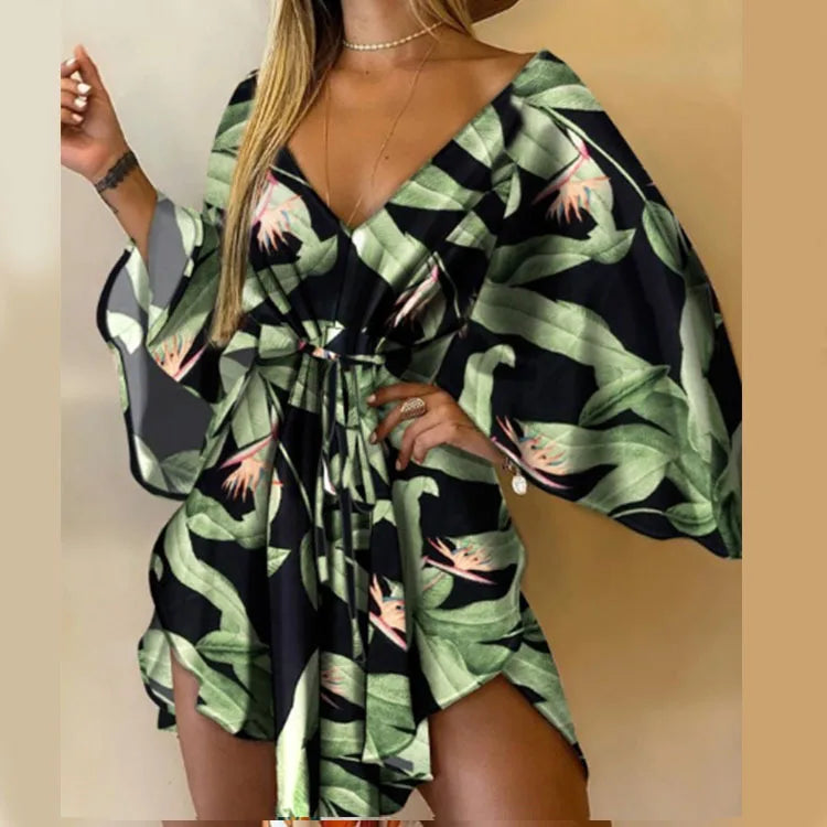 Sexy V Neck Long Batwing Sleeve Floral Print Loose Asymmetrical Dress Summer Women Irregular Leaf Print Party Boho Dresses