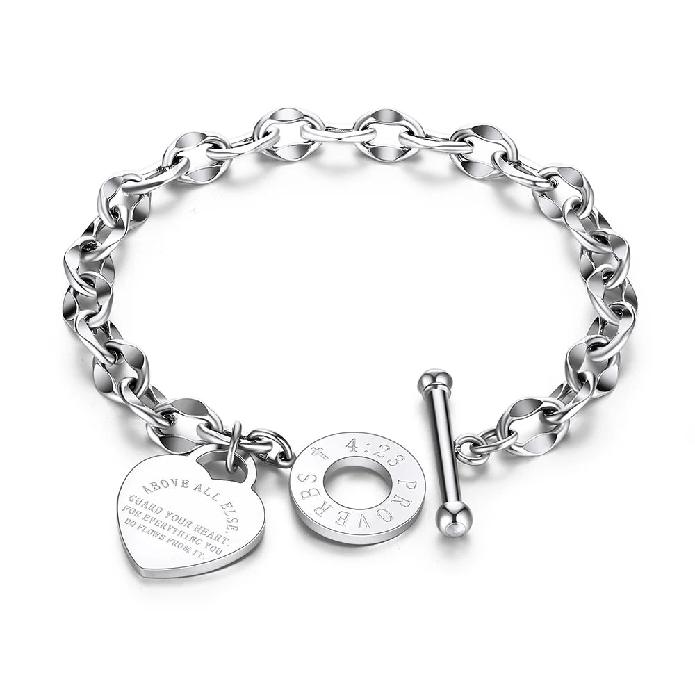 Lokaer Titanium Stainless Steel Heart Charm Pendant Necklaces Jewelry Classic Love Bible Proverbs 4:23 O-Chain Necklace N19085