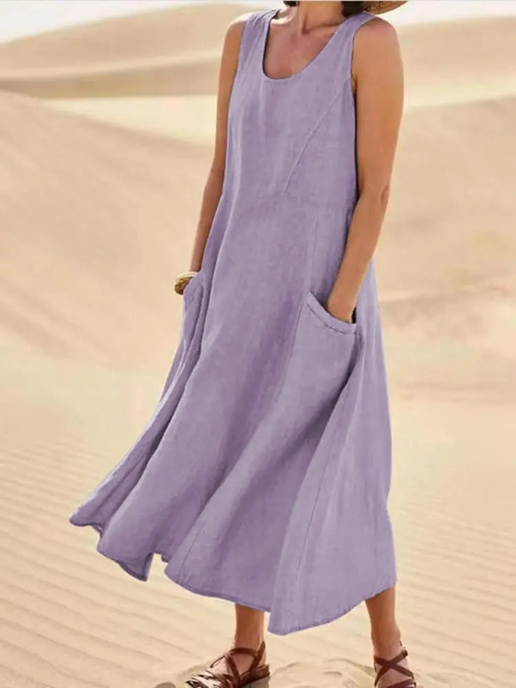 Women Coton Linen Sundress Summer Female Sleeveless Double Big Pocket Loose Sand Beachwear Long Dress Oversized S-5XL LRFZ-818