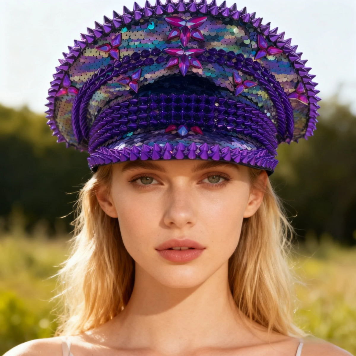 HongLuan Blue Steampunk Captain Hat Rhinestone for Burning Man Festival Woman, Vintage Military Accessories & Military Cap Man