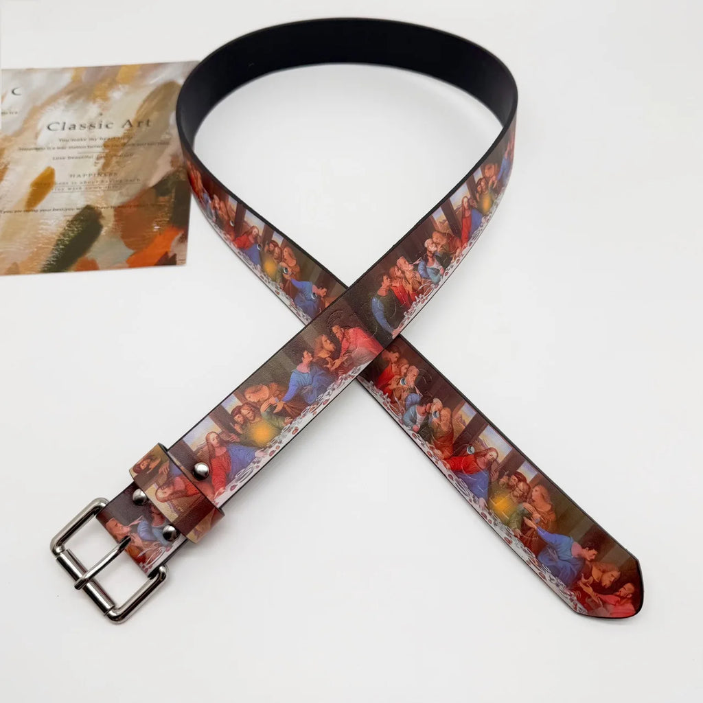 2026 Gothic Y2K Trendy PU Leather Belt with The Last Supper Painting Vintage Unisex Fashion Accessory Waist Belt Jeans Waistband