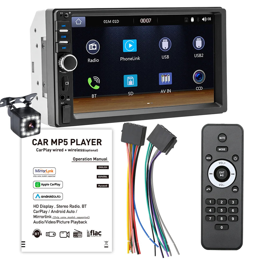 BQCC 7" 2Din/1 Din MP5 Car Player Mirrorlink wired Android AUTO/CarPlay BT AUX  Colorful lights FM Car Radio F7018C