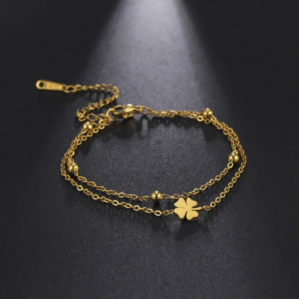 Skyrim Foot Chain of Women Men Silver Color Four-leaf Clover Stainless Steel Anklet Simple Beads Fashion Jewelry Accessories New