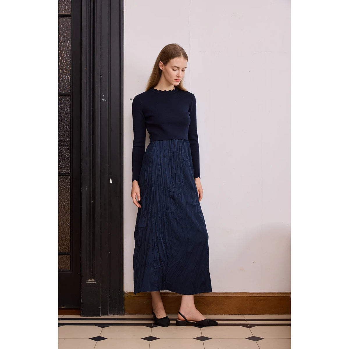 AP 2026 Women Autumn and Winter Crinkle Dress Knitting Patchwork Elegant Lady Maxi Dress