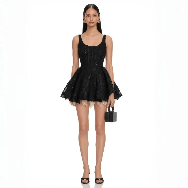 Sweet Chic U Neck Wide Strap 3D Floral Lace Mini Dress Women Host Cocktail Party Short Dress Middle East EID Grand Event Night