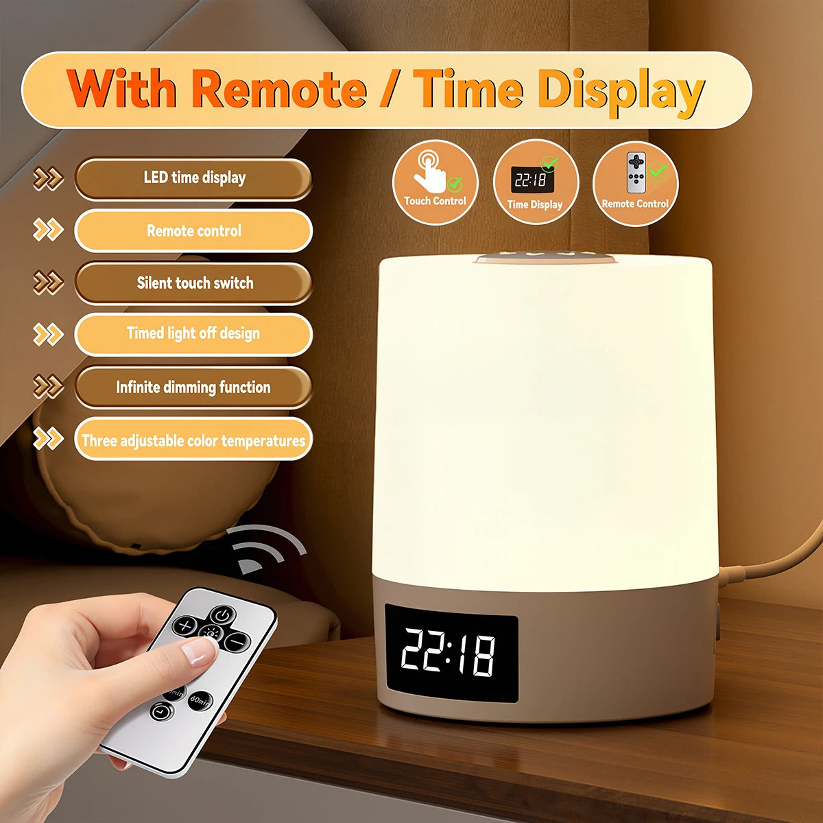 Touch Control LED Night Light with Clock Timer Remote Control USB Bedside Lamp Dimmable 3 Color Temperature Bedroom Sleep Lamp
