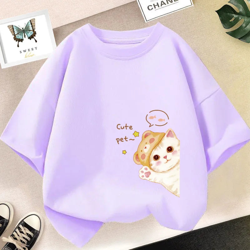 Girls Clothes 2024 Summer Fashion T-Shirt Fun And Cute Cat Kitten Print Short-Sleeved Tops Children Summer Clothes