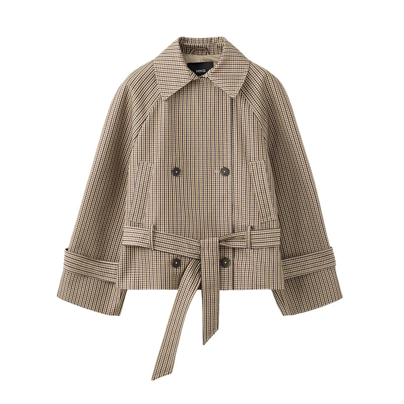 Women Grid Jackets Coat Stand Neck Single Breasted Waist-cinching Drawstring Jackets Female Spring Chic Casual Daily Outwears